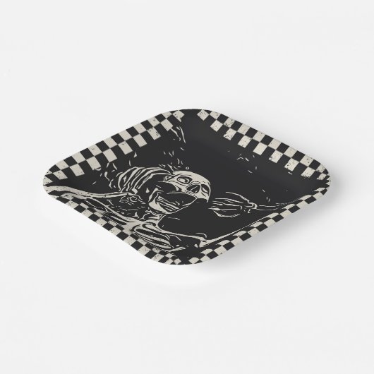 Halloween Scary Skeleton Black White gecheckt Papieren Bordje (Gebogen)