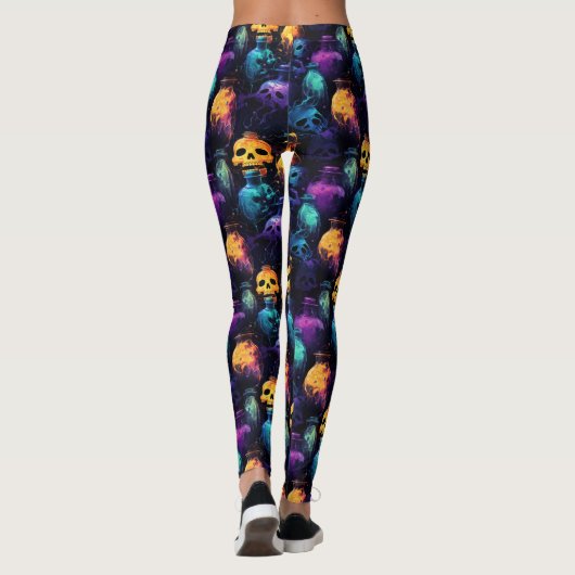 Halloween Scary Skull Sinaasappel Paarse Blauwe Gl Leggings (Achterkant)