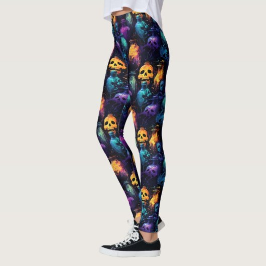 Halloween Scary Skull Sinaasappel Paarse Blauwe Gl Leggings (Links)