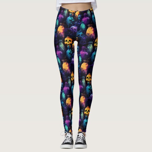 Halloween Scary Skull Sinaasappel Paarse Blauwe Gl Leggings (Voorkant)