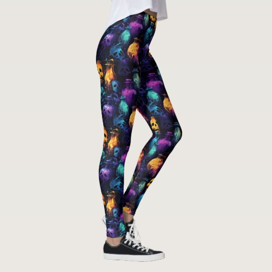 Halloween Scary Skull Sinaasappel Paarse Blauwe Gl Leggings (Rechts)