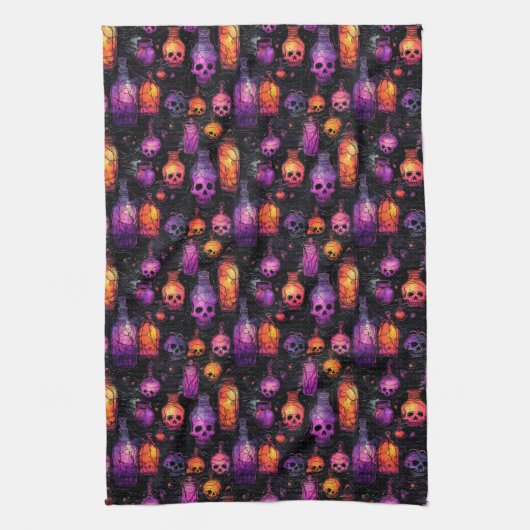 Halloween Scary Skulls Paarse Oranje Potion's Theedoek (Verticaal)