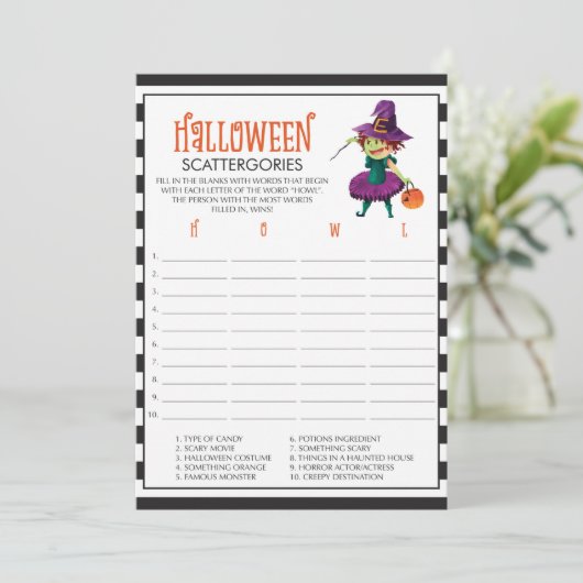 Halloween Scattergories Game Kaarten met heks (Staand voorkant)