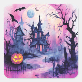 Halloween Scène Haunted House (1) Vierkante Sticker