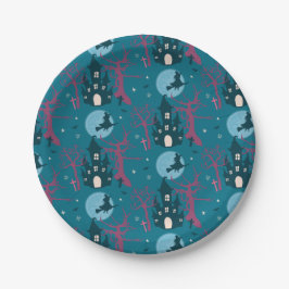 Halloween scène met frambozenroze bomen papieren bordje