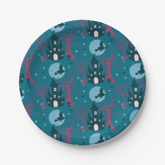 Halloween scène met frambozenroze bomen papieren bordje (Voorkant)