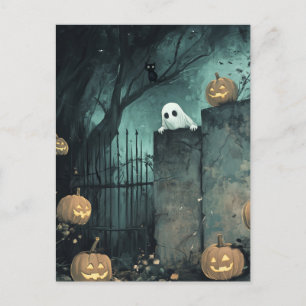 Halloween-scène met geest en kat briefkaart