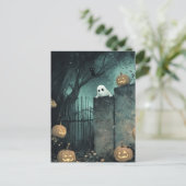 Halloween-scène met geest en kat briefkaart (Staand voorkant)