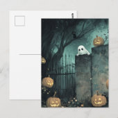 Halloween-scène met geest en kat briefkaart (Voorkant / Achterkant)