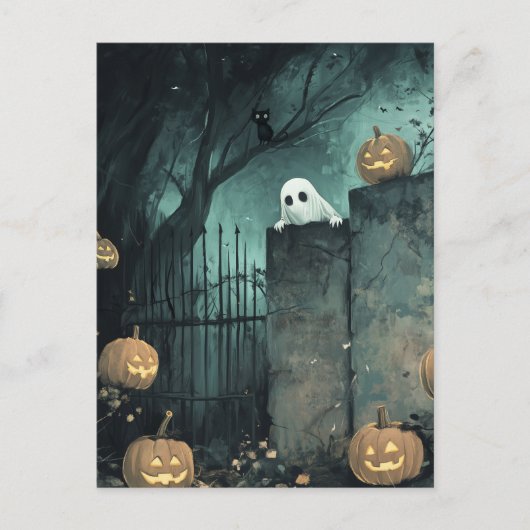 Halloween-scène met geest en kat briefkaart (Voorkant)