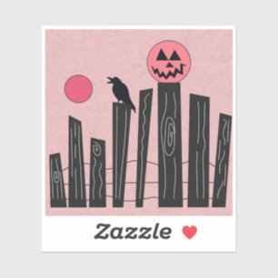 Halloween scène met hek, kraai, volle maan, & pomp sticker