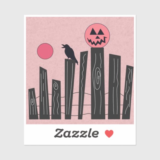 Halloween scène met hek, kraai, volle maan, & pomp sticker (Vel)