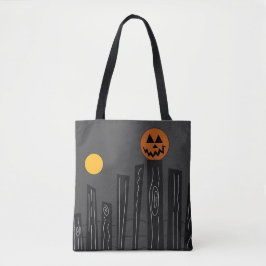 Halloween scène met pompoen, kraai en maan tote bag
