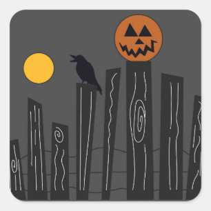 Halloween scène met pompoen, kraai en maan vierkante sticker