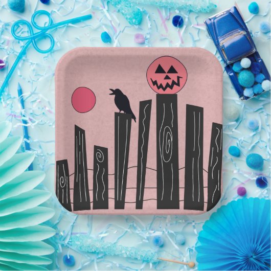 Halloween scène met roze papieren borden papieren bordje (Feest)