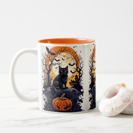 Halloween scène met zwarte kat met nachtelijke maa tweekleurige koffiemok