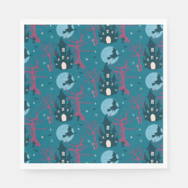 Halloween scène vliegende heksenroze boom servet