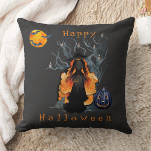 Halloween Scène Vuurspuwende Heks in Maneschijn Kussen