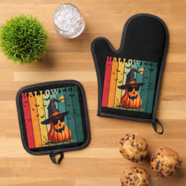 Halloween schattig grappige pompoen vintage herfst ovenwant & pannenlap set