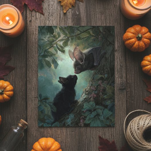 Halloween Schattig Kitten ontmoet Bat Briefkaart