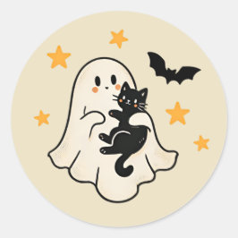 Halloween Schattig Zwevend Spookje met Zwarte Kat Ronde Sticker