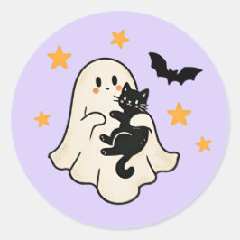 Halloween Schattig Zwevend Spookje met Zwarte Kat Ronde Sticker