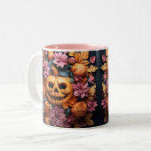 Halloween Schattige 3D pompoen en bloemen, roze Tweekleurige Koffiemok (Voorkant links)