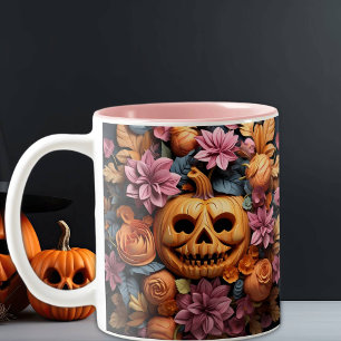 Halloween Schattige 3D pompoen en bloemen, roze Tweekleurige Koffiemok