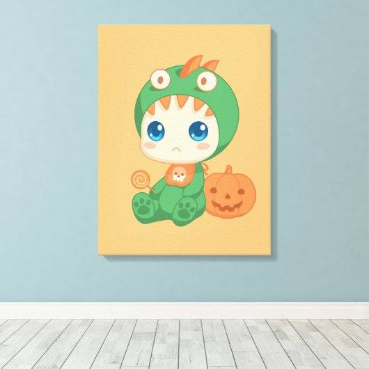 Halloween Schattige Baby Draak Dinosaurus Kostuum Canvas Afdruk (Insitu (Houten vloer))