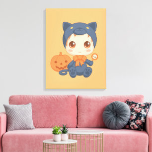 Halloween Schattige Baby zwart kattenkostuum Canvas Afdruk