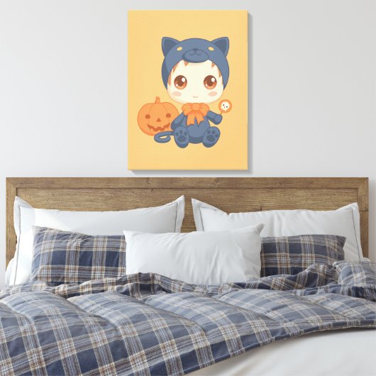 Halloween Schattige Baby zwart kattenkostuum Canvas Afdruk (Insitu (Slaapkamer))