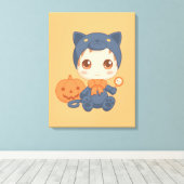 Halloween Schattige Baby zwart kattenkostuum Canvas Afdruk (Insitu (Houten vloer))