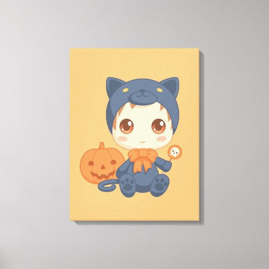 Halloween Schattige Baby zwart kattenkostuum Canvas Afdruk (Voorkant)