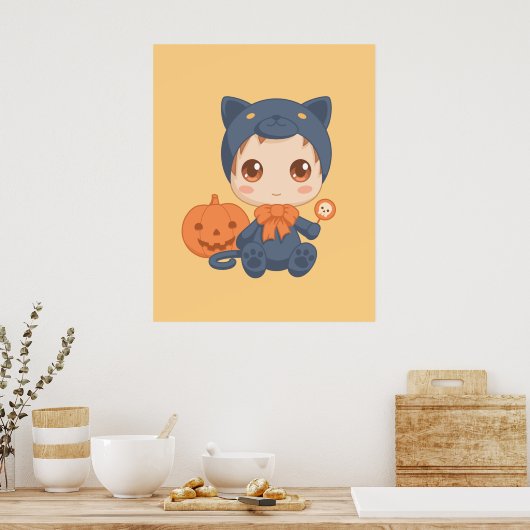 Halloween Schattige Baby zwart kattenkostuum Poster (Keuken)