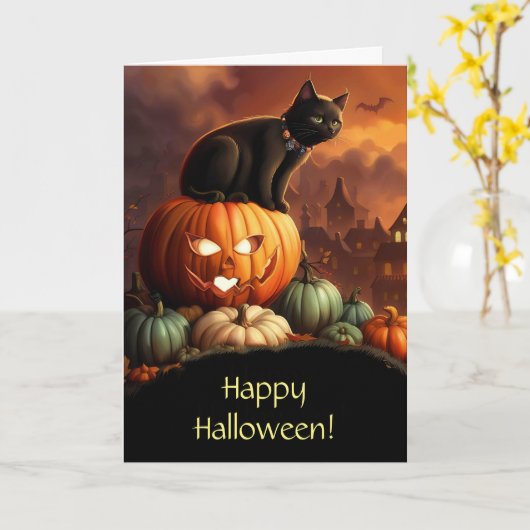 Halloween Schattige Black Cat en Jack O Lantern Kaart (Gele Bloem)