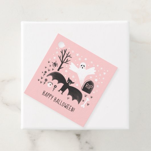 Halloween Schattige Geesten Bat Zwart Roze Illustr Bedankjes Labels (In situ)