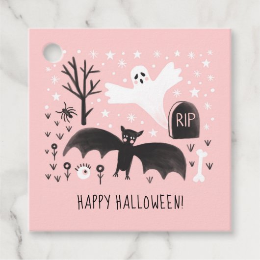 Halloween Schattige Geesten Bat Zwart Roze Illustr Bedankjes Labels (Voorkant)