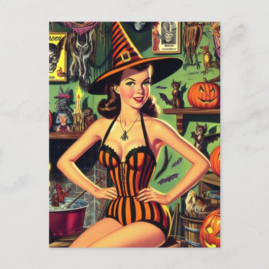  Halloween Schattige Heks Pinup Briefkaart (Voorkant)