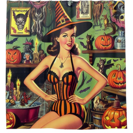  Halloween Schattige Heks Pinup Douchegordijn (Voorkant)