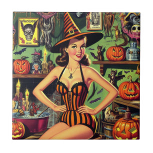Halloween Schattige Heks Pinup Tegeltje