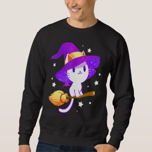 Halloween Schattige Heks Witte Kat Trui (Voorkant)
