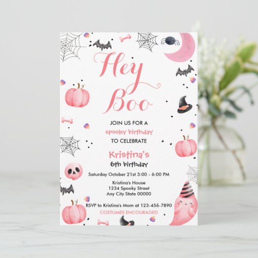 Halloween Schattige Roze Geest Verjaardag Spooktac Kaart (Staand voorkant)