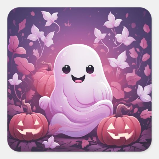 Halloween Schattige roze spook en Oranje pompoenen Vierkante Sticker (Voorkant)