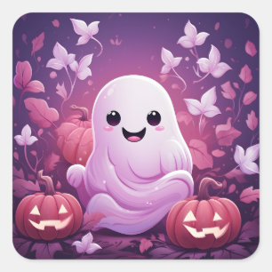Halloween Schattige roze spook en Oranje pompoenen Vierkante Sticker