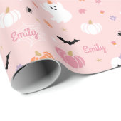 Halloween Schattige roze spook met gepersonaliseer Cadeaupapier (Rol Hoek)