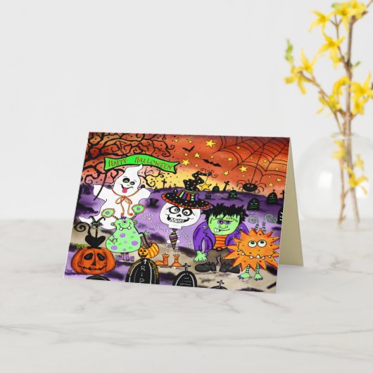 Halloween Schattige Trick-or-Treaters Inspirivity Kaart (Gele Bloem)