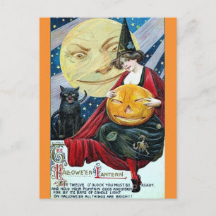 Halloween Schattige Vintage Heks Zwarte Kat Maan G Briefkaart
