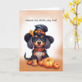 Halloween Schattige Zwart Hond Dragen Pet met Pomp Kaart (Gele Bloem)