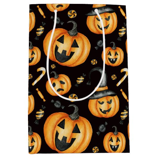 Halloween Schattige Zwart Sinaasappel Jack-o-Lante Medium Cadeauzakje (Voorkant)