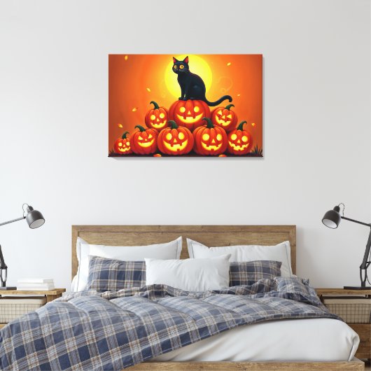 Halloween schattige zwarte kat en Jack's lantaarns Canvas Afdruk (Insitu (Slaapkamer))